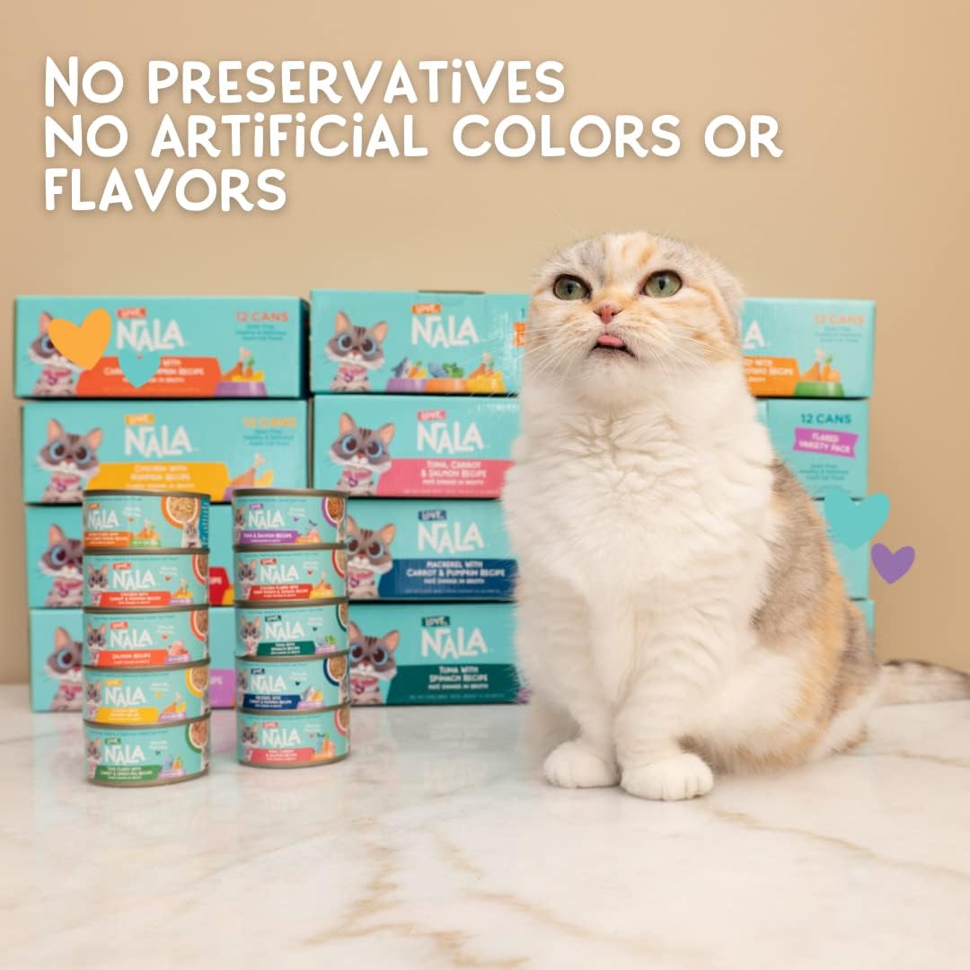 LOVE, NALA - Natural Adult Cat Wet Food - FLAKED Salmon in Broth - Grain Free, Non-GMO, Lean Protein with Omega 3, Added Minerals & Vitamins - 12 Pack, 2.4 lbs.