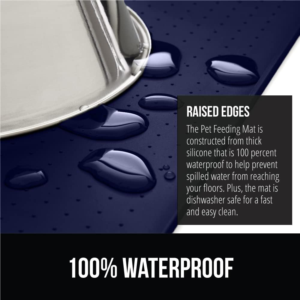 GORILLA GRIP 100% Waterproof Raised Edge BPA Free Silicone Pet Feeding Mat, Dog Cat Food Mats Contain Spills Protects Floors, Placemats for Cats and Dogs Water Bowl, Pets Accessories 18.5x11.5 Navy