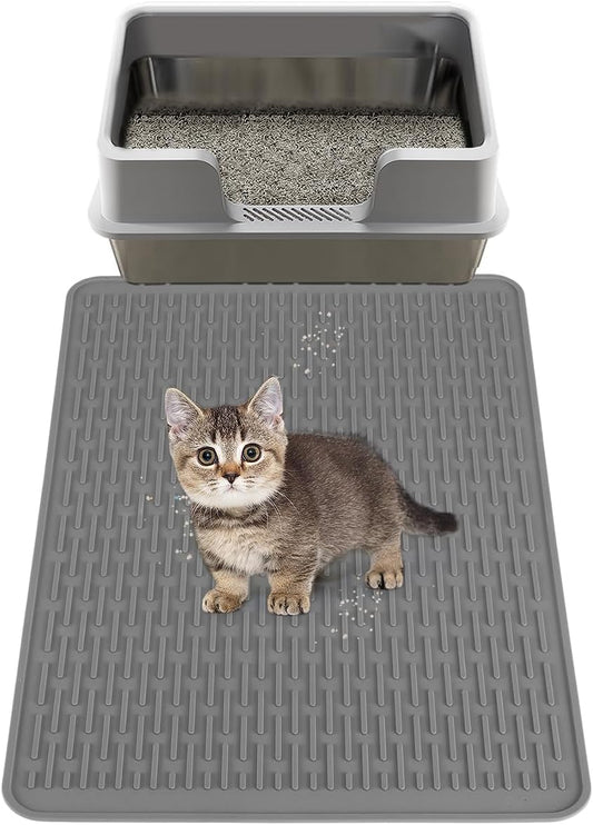MEWTOGO Easy Clean Silicone Cat Mat for Litter Box - 23.4" x 15.6" Waterproof Non-Slip Kitty Litter Trapping Mat for Protecting Floor, Less-Mess Food Water Mat for Indoor, Gray
