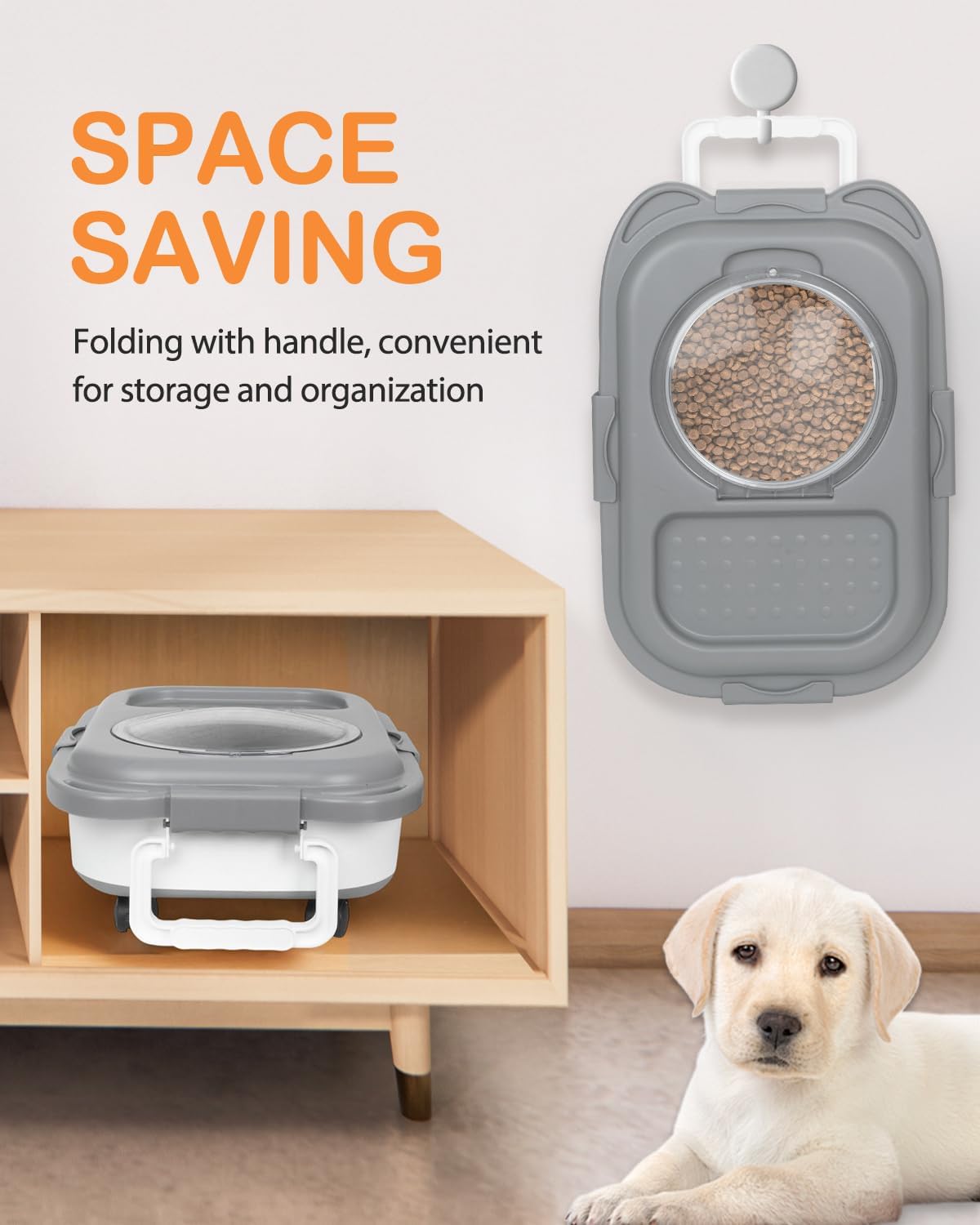 25-28 Lbs Dog Food Storage Container with Handle, Collapsible Dog Food Container with Airtight Lids, Wheels, Large Pet food storage Container for Dog Cat,Dog Food Scoop,Small Container