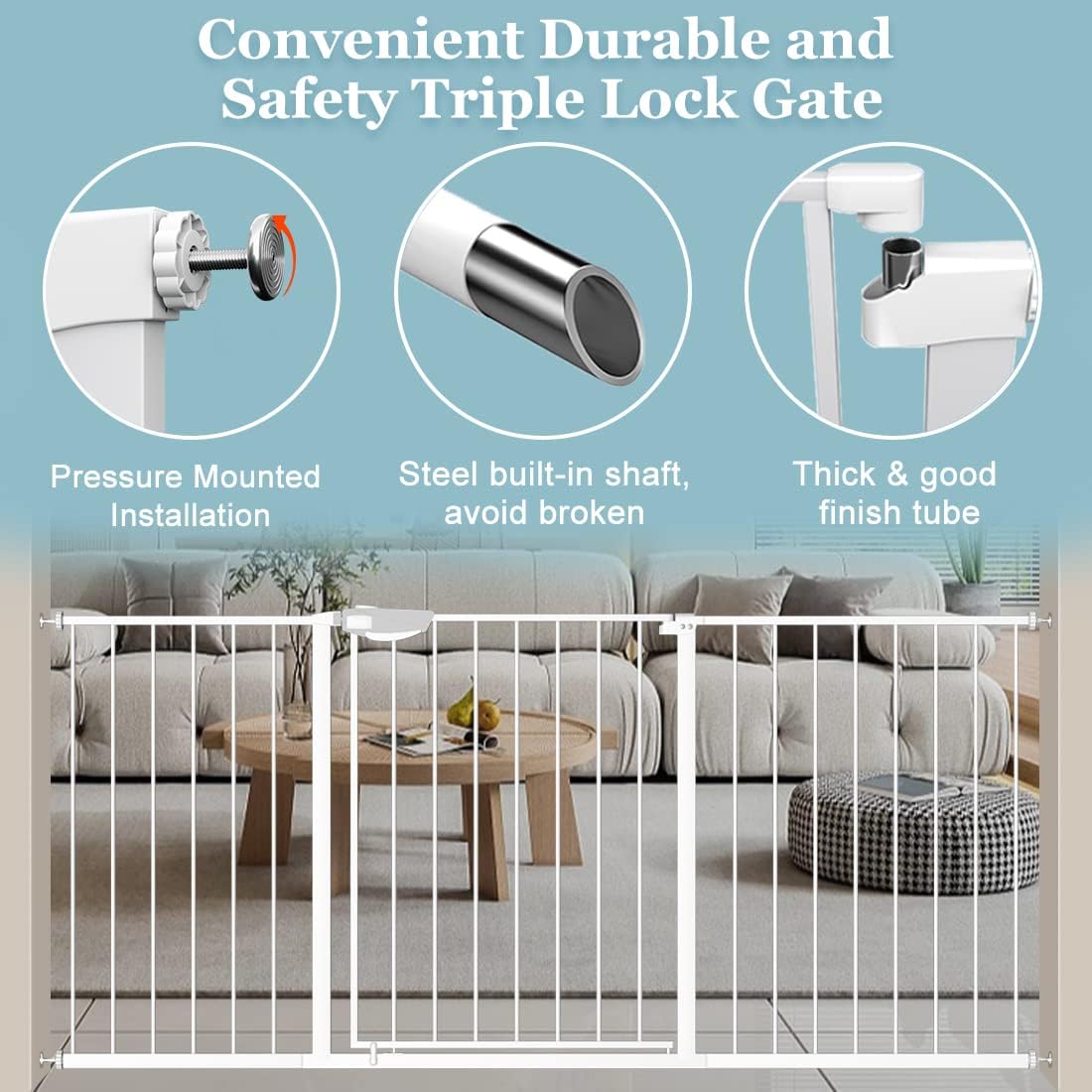 WAOWAO Triple Lock Baby Gate Extra Wide 49.21-53.14" Pressure Mounted Walk Through Swing Auto Close Safety White Metal Dog Pet Puppy for Stairs,Doorways,Kitchen
