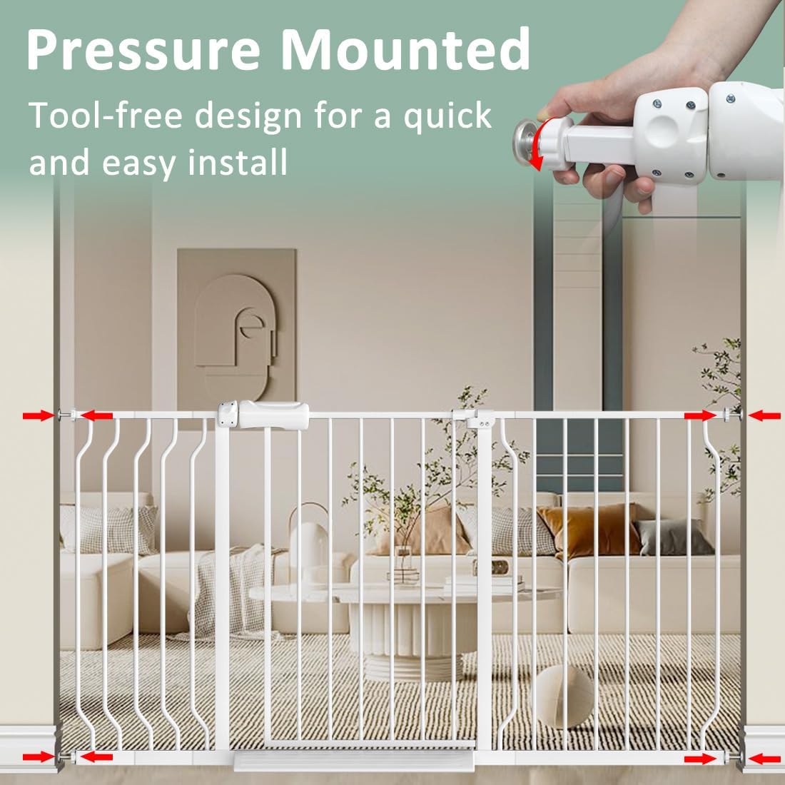 TSAYAWA Walk Through Baby Gate with Door, 48.1-52.7 Inch Wide Presure Mounted No Drill Metal Auto Close Child Gate for Stair Doorway - Indoor Outdoor Safty Gate for Toddler Dog Doggie, White