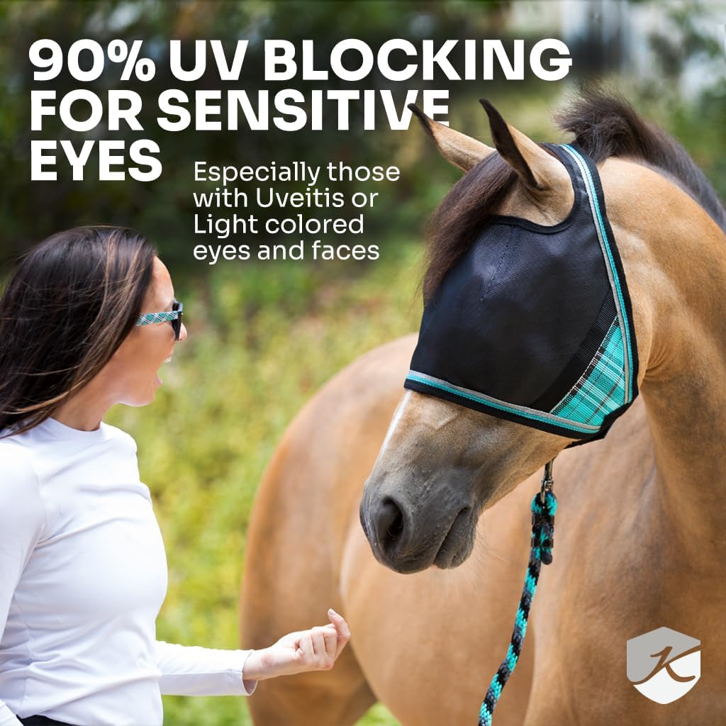 Kensington 90% UV Fly Mask Halter CatchMask UViator - Without Ears & Forelock Freedom Web Trim *Roomy Fit*- X-Large, Imperial Jade