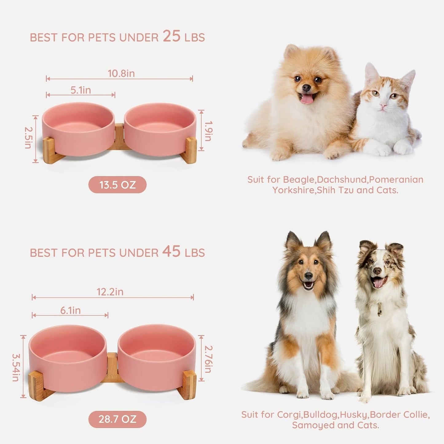 SPUNKYJUNKY Ceramic Dog and Cat Bowl with Wood Stand Non-Slip Matte Glaze Weighted Food Water Set for Cat Medium Dog 28.7 OZ