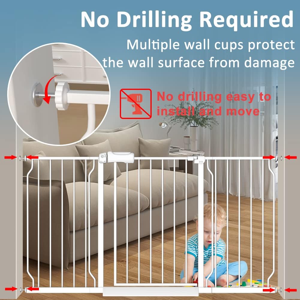 Extra Wide Baby Gates 71.5-76.3 Inch White Pressure Mounted Baby Gate Indoor Safety Gates Pressure Mounted Child Gate for Stairs Doorways Hallways