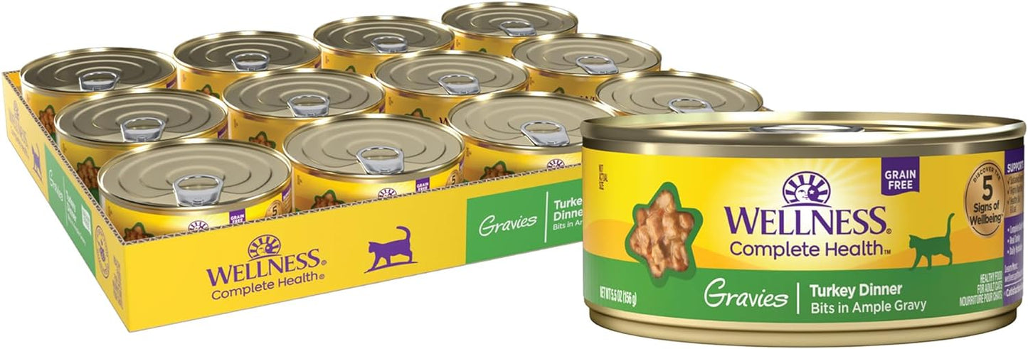 Wellness Complete Health Gravy Adult Wet Cat Food, Natural, Protein-Rich, Grain Free, 5.5 Ounce, 12 Pack, (Turkey Dinner)
