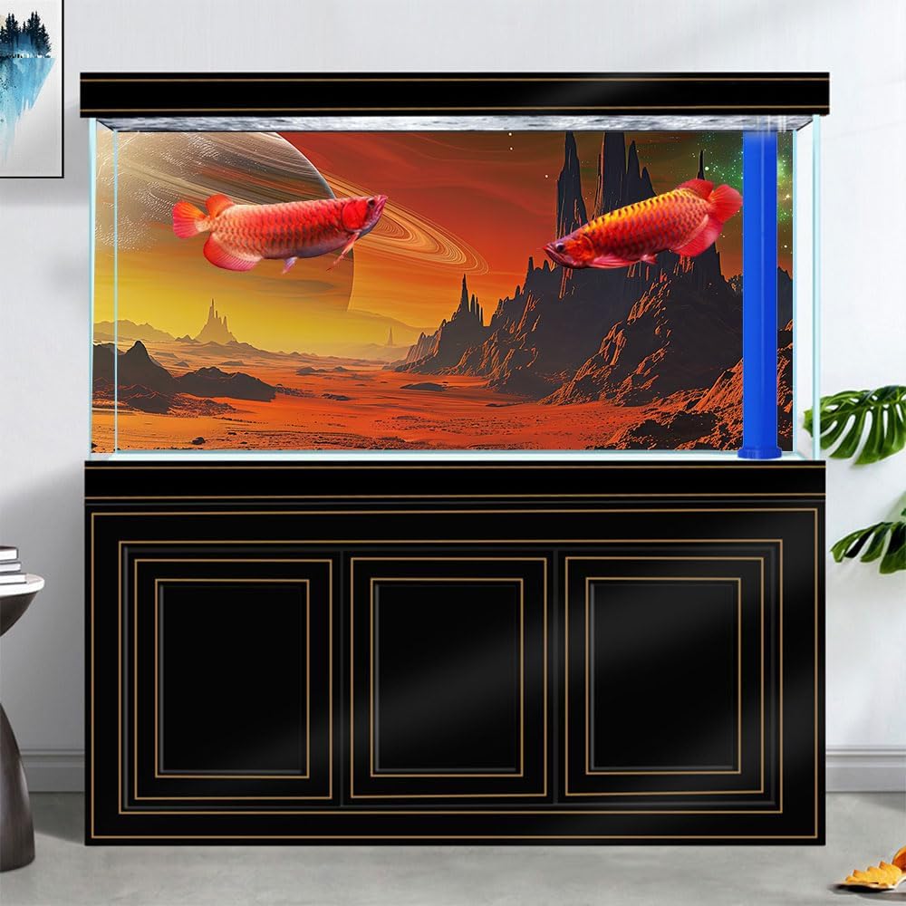 Cosmic Mars Aquarium Background,Galaxy Cool Parallel Space Themed Fish Tank Background, Tropical Desert Terrarium Background 36X18IN with 8 EVA Double-Sided Tape
