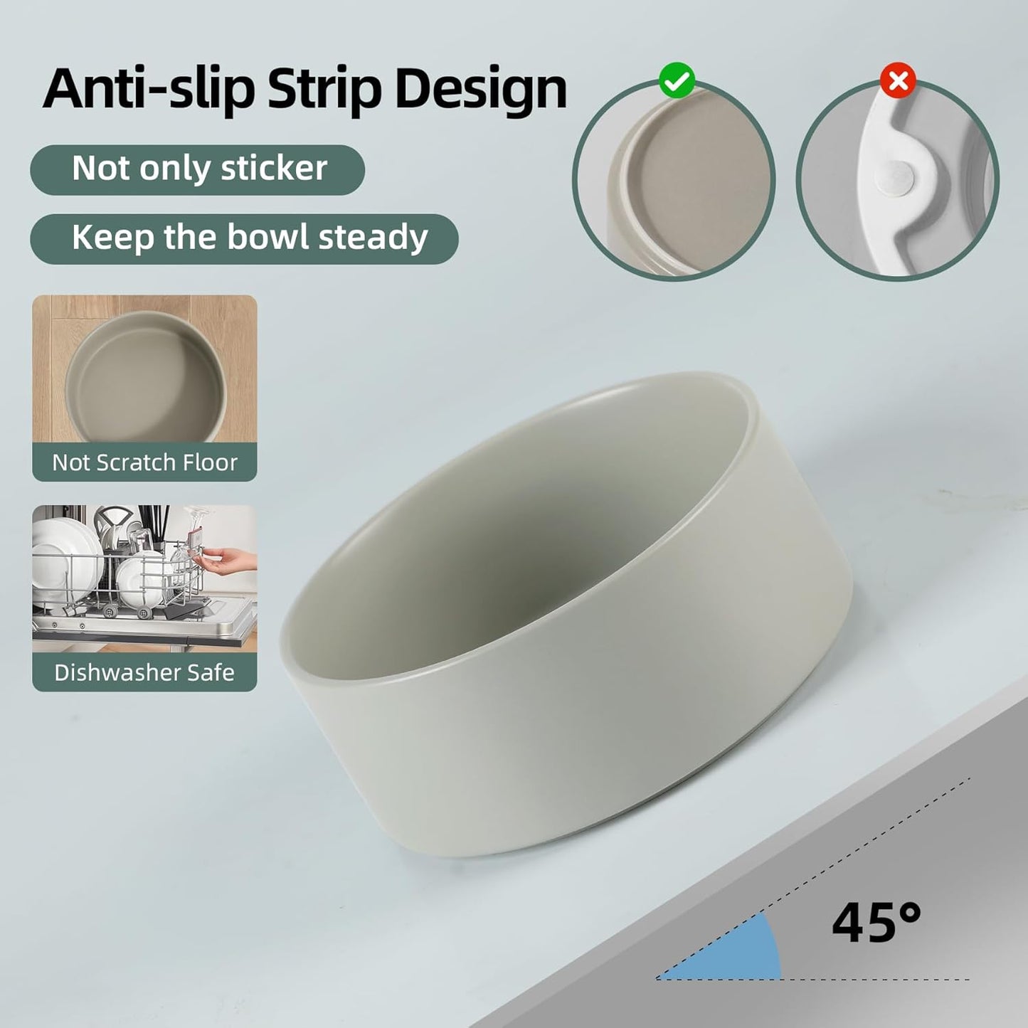 Ceramic 5.1inch Set of 2 Dog and Cat Bowls, Food and Water Feeder for Small Breed Dogs, Kitty, Cats, 2pcs Dog & Cat Dishes(2 Bowls, Grey)