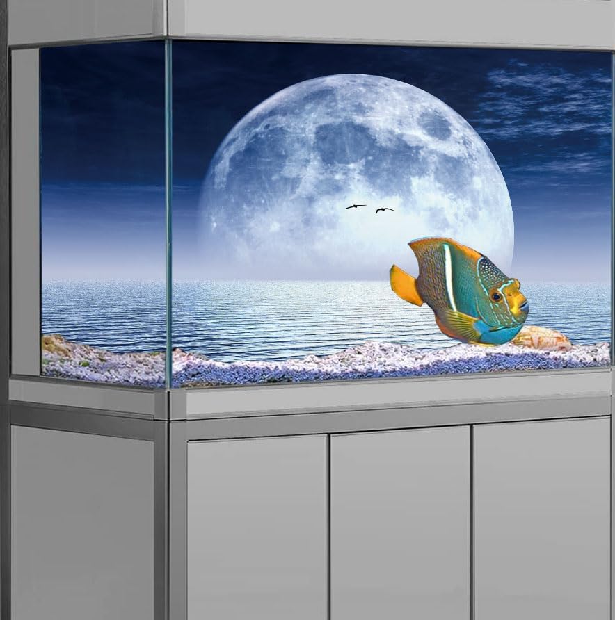 Moon Aquarium Background,Cool Sea Galaxy Parallel Space Themed Fish Tank Background, Cool Terrarium Background 24X16IN with 8 EVA Double-Sided Tape