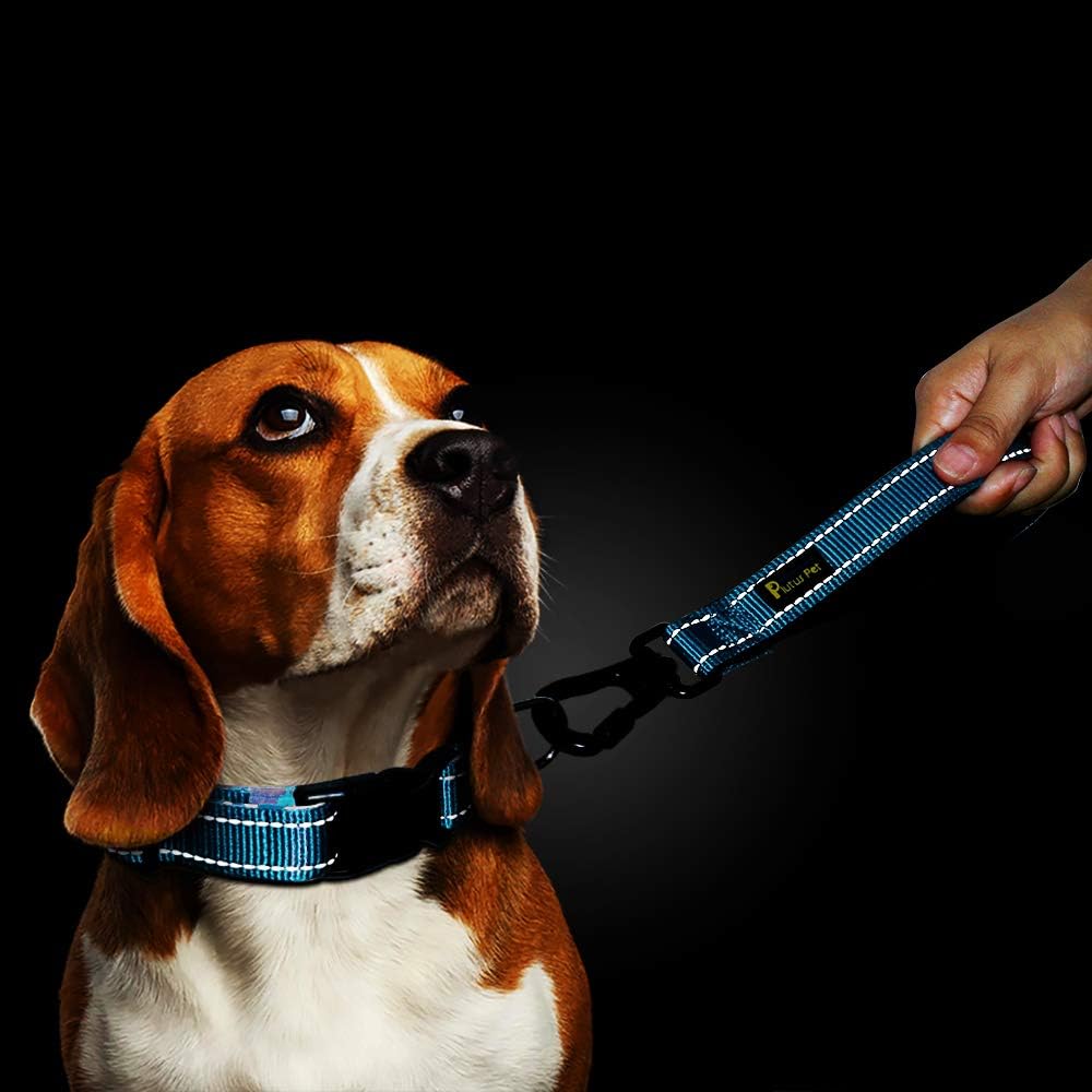 PLUTUS PET 10” Short Dog Leash, Reflective Nylon Padded Handle, Strong Traffic Leash with Carabiner Clip, Perfect for Large or Medium Dogs（10”，Blue