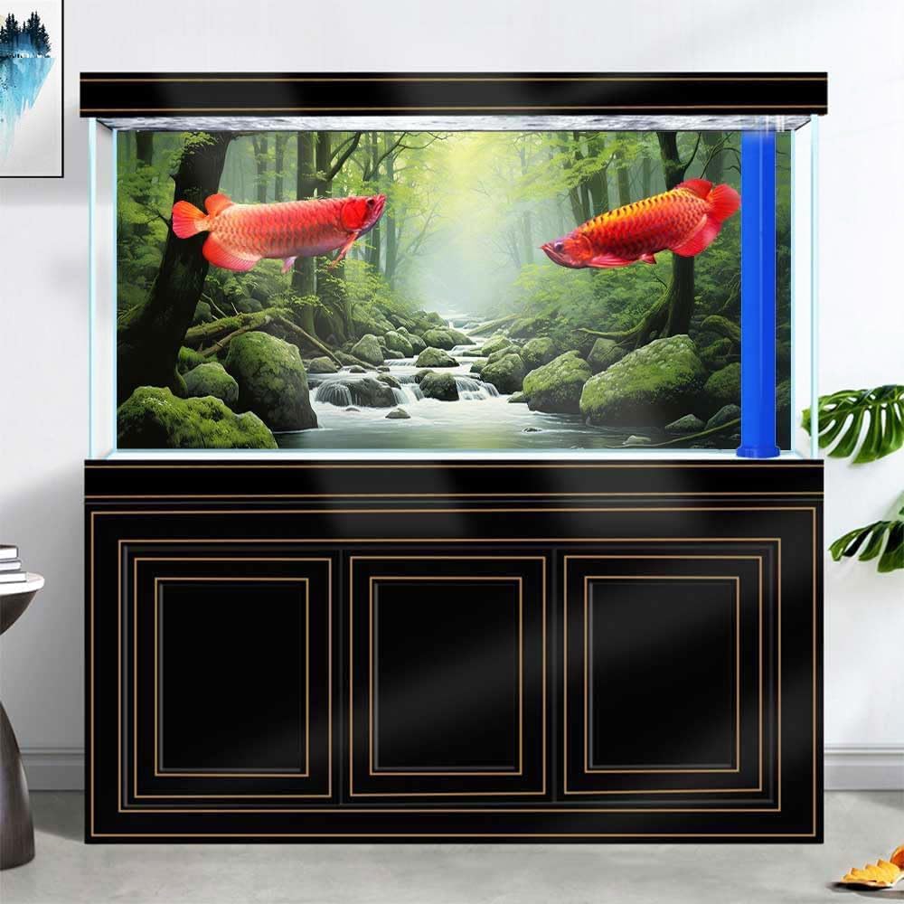 24X12IN Tropical Forest Terrarium Background, Natural Green Forest Tree Reptile Habitat Background, Misty Rainforest Aquarium Background, with 8 EVA Double-Sided Tape