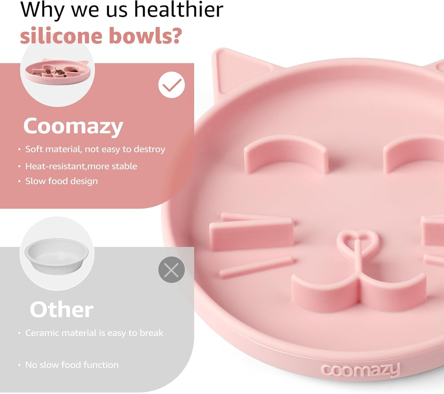 Coomazy Silicone Slow Feeder Dog Cat Bowls, Interactive Puzzle Toy for Pets Dry/Wet Food Training, Keeps Dogs Cats Busy, Prevents Puppy Kitty Overeating (Pink/Green 2pcs, 0.8 Cup)