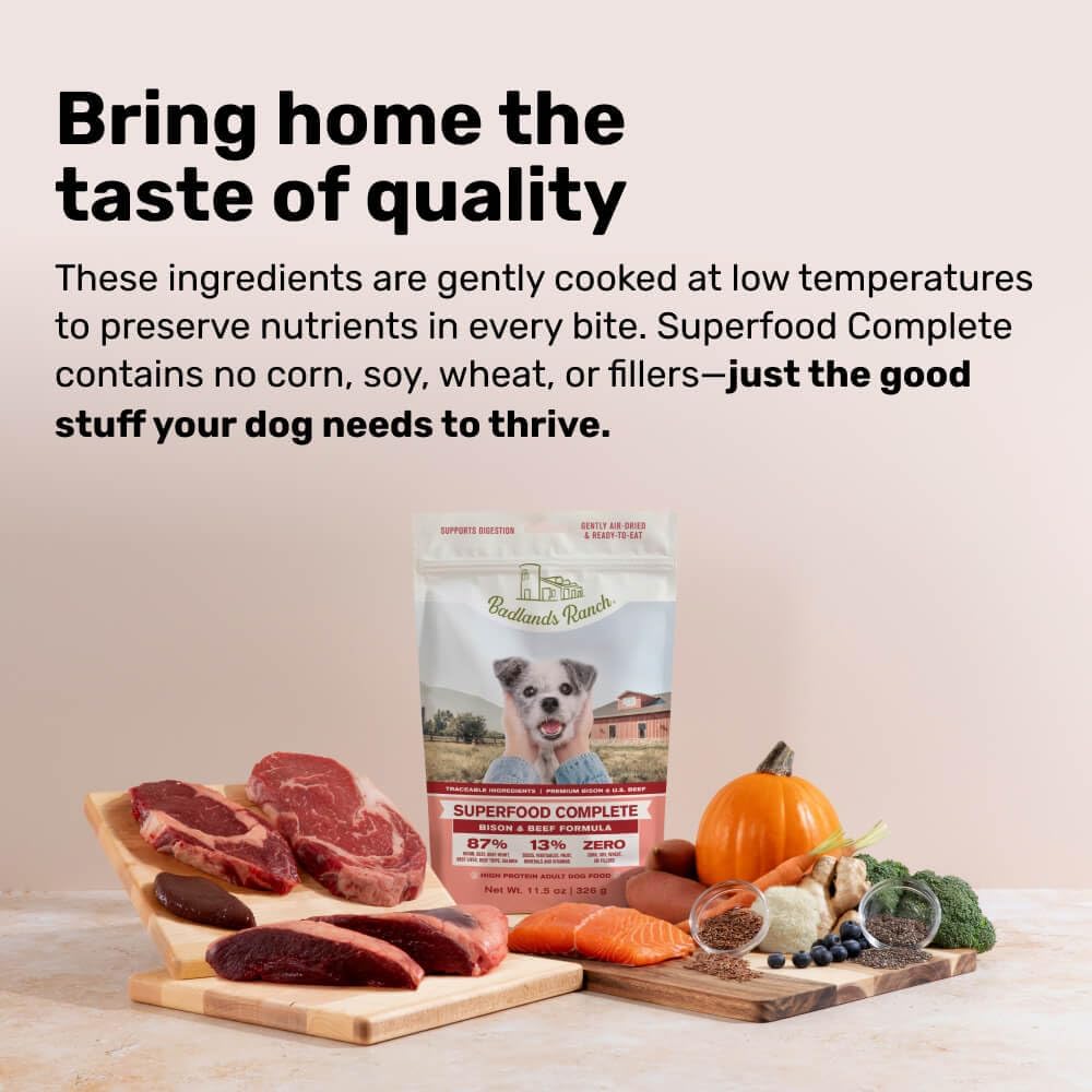 BADLANDS RANCH - Superfood Complete, Air-Dried Adult Dog Food - High Protein, Zero Fillers, Superfood Nutrition by Katherine Heigl (24 oz, Beef & Bison Formula)