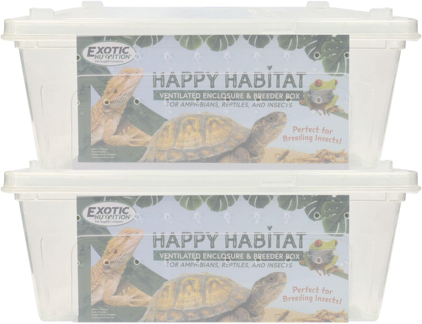 Happy Habitat (Medium - 2 Pack)- Ventilated Enclosure & Breeder Box - for Live Feeder Insects, Reptiles, Amphibians & Other Small Pets - Durable Plastic Portable Terrarium