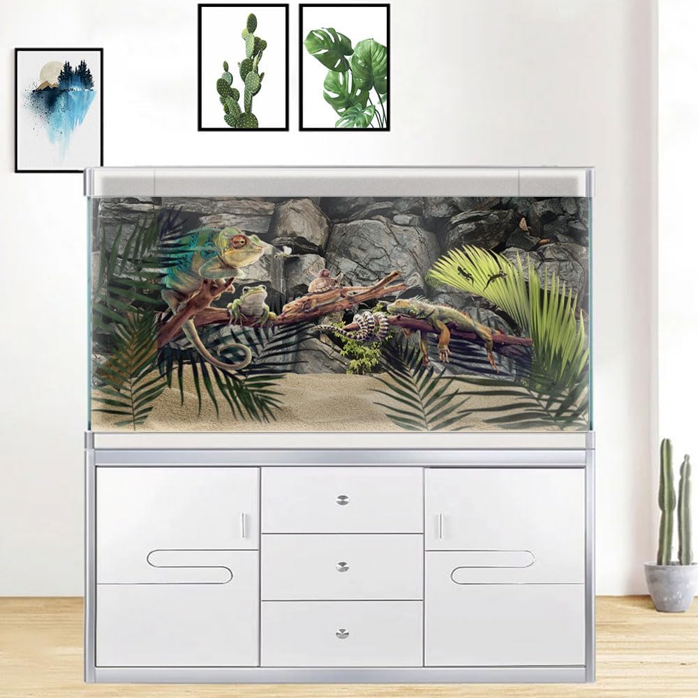30X18IN Stone Aquarium Background, Rock Fish Tank Background, Natural Rocky Glass Terrarium Background with 8 EVA Double-Sided Tape