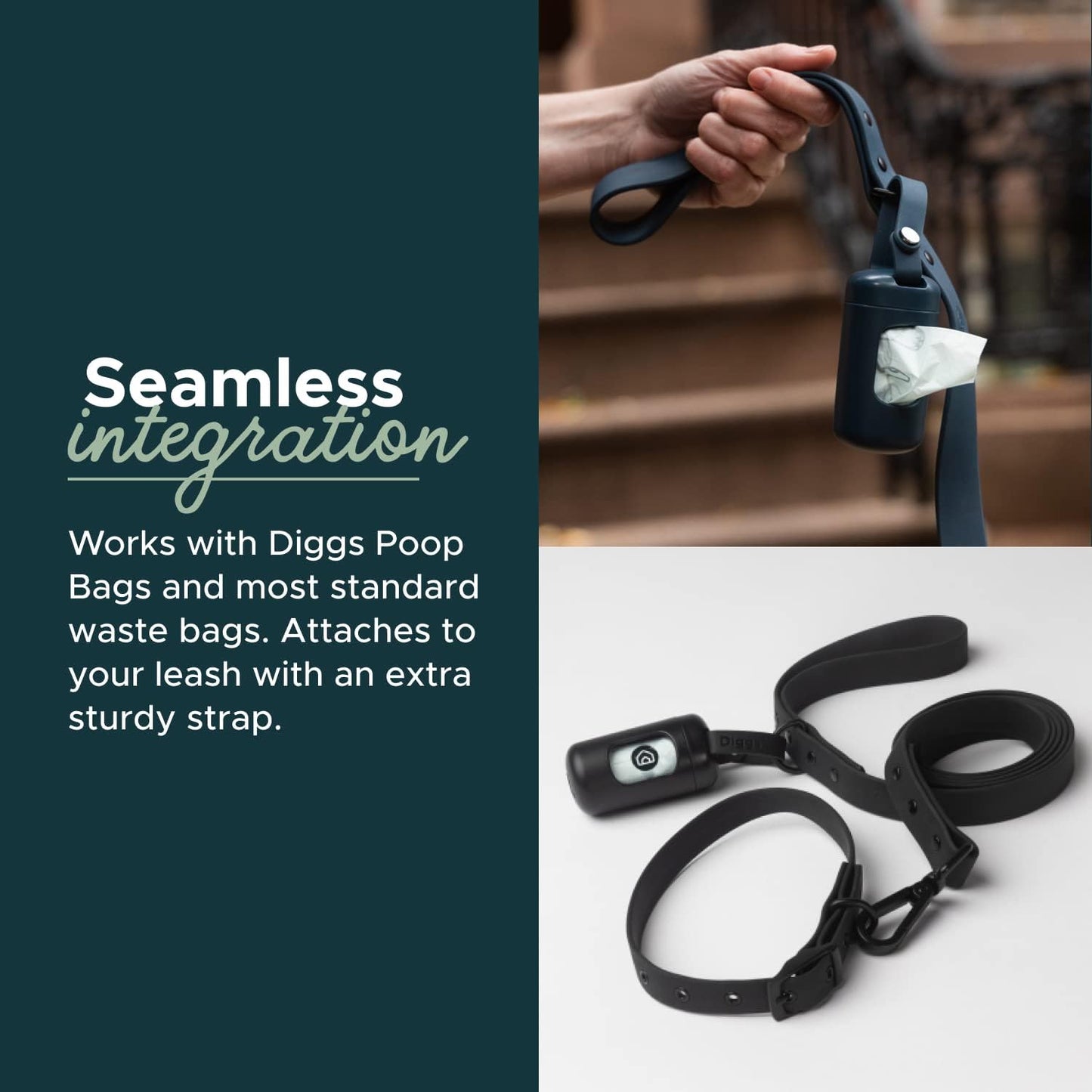 DIGGS Dog Poop Bag Dispenser for Leash - Premium Dog Waste Bag Holder with Easy One-Hand Dispensing (Navy)