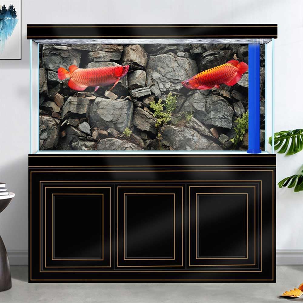 48X24IN Black Stone Aquarium Background, Rock Fish Reptile Tank Background, Natural Rocky Glass Bearded Dragon Terrarium Decor Background Wallpaper with 10 EVA Double-Sided Tape, Polyester