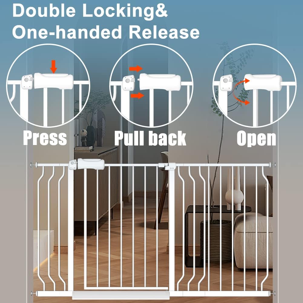 White Extra Wide Baby Gate 53-57.5 inch for Doorways Stairs Pressure Mount Baby Gate Automatic Close Child Dog Pet Safety Toddler Gates with Extensions