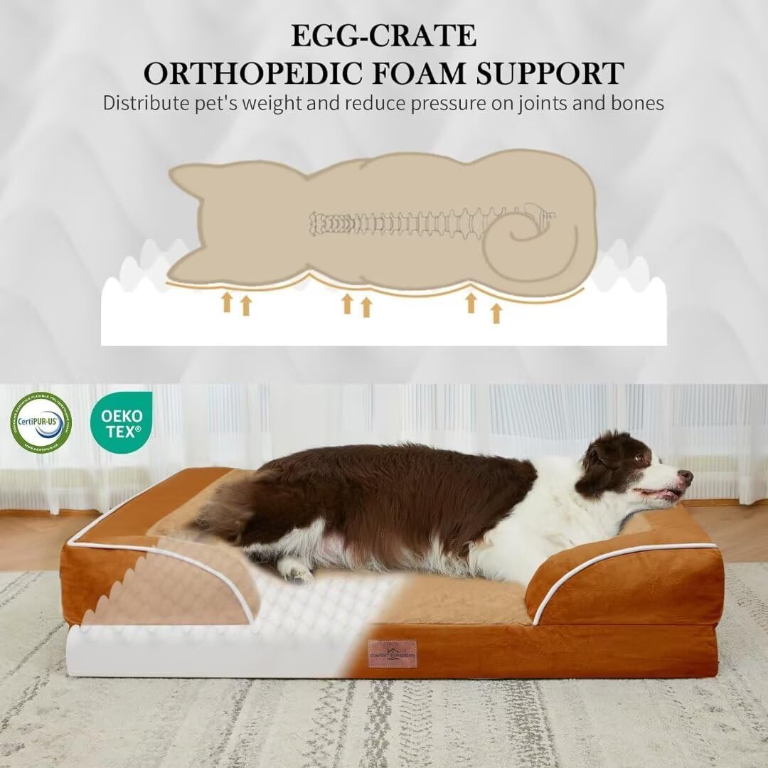 Comfort Expression XL Orthopedic Dog Beds, Waterproof Extra Large Dog Beds with Bolster, Washable Pet Sofa Couch with Removable Cover & Non-Slip Bottom(X-Large,Caramel)