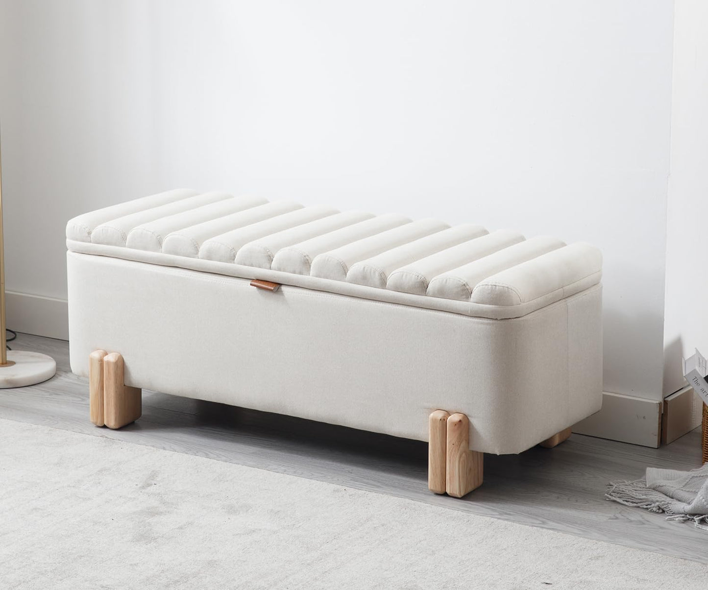 Kmax 45" Storage Bench Linen Entryway Bench Upholstered Ottoman Bench with Wavy Top & Safty Hinge for Bedroom Living Room Hallway, Beige