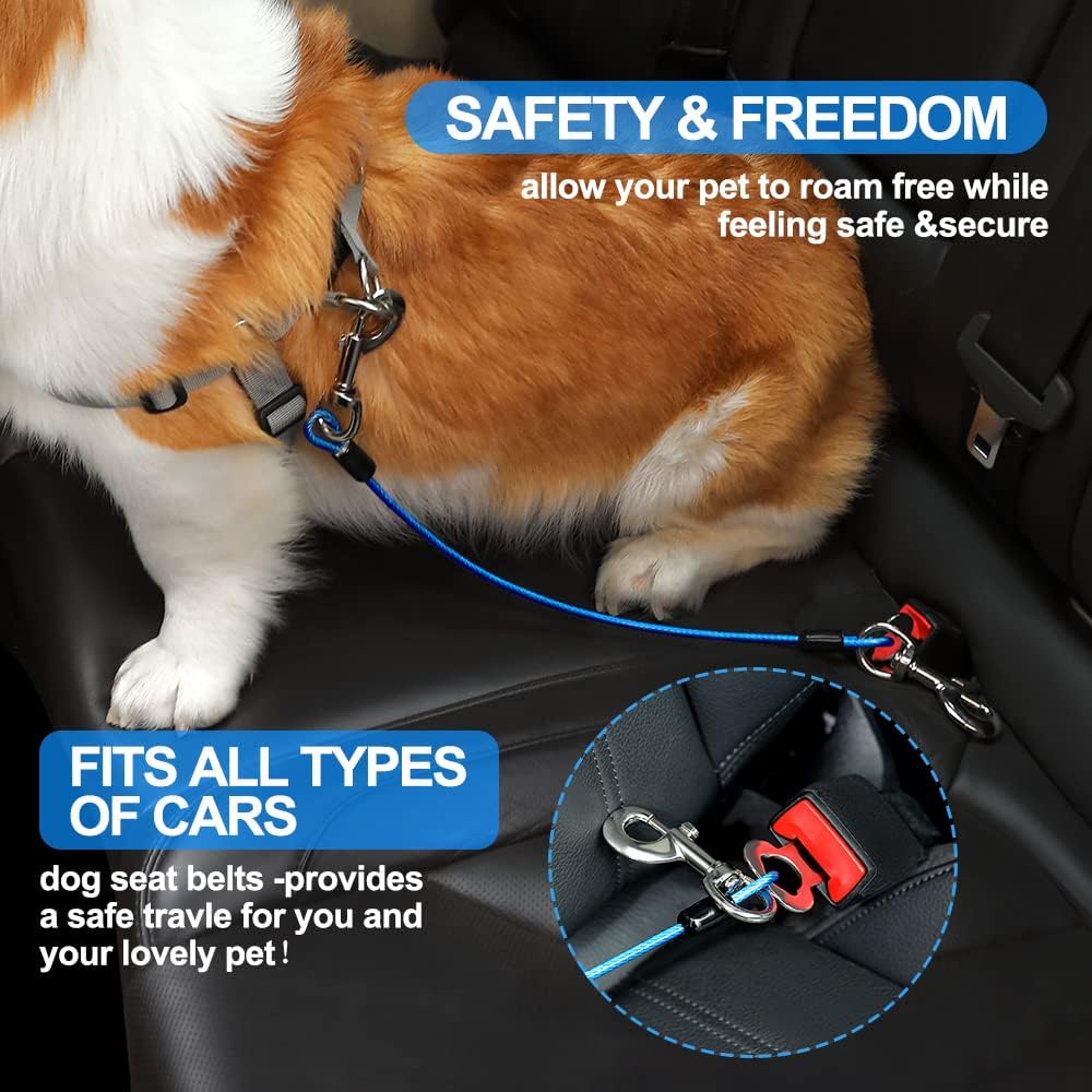 Dog Seat Belt Harness for Car,2pcs Dog Seatbelt of Coated Wire Leash Safety Restraint,No Chew Tether Cable Vehicle Dog Accessories,Double Clips & Latch (2 Pack Red+Blue, 16 inch/40 CM)
