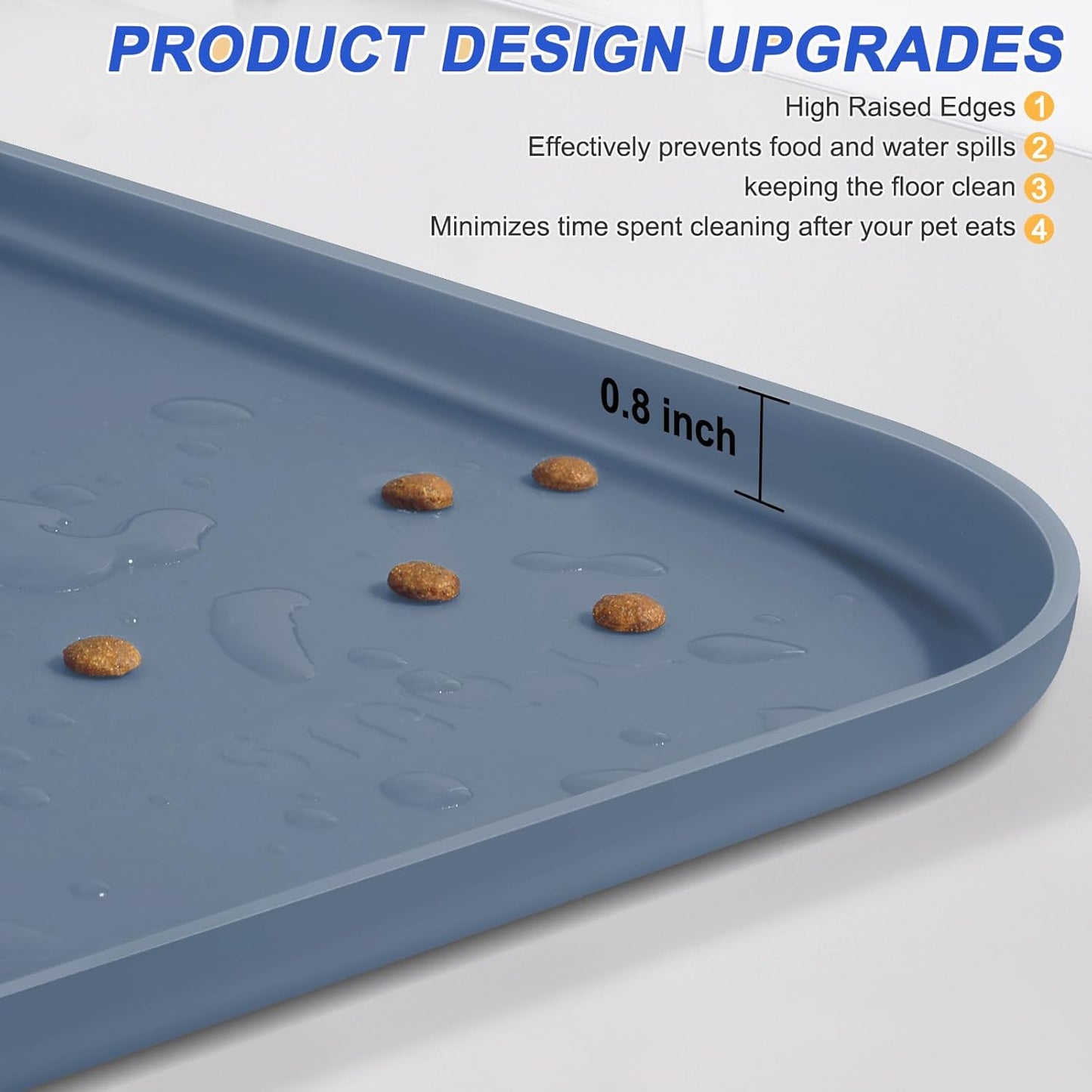 Silicone Pet Feeding Mat with Raised Edge for Food and Water, Dog Bowl Mats, Cat Bowls Placemat with High Lip for Floor Waterproof, Rubber Tray for Cats and Dogs 22 x 14 x0.8 Slate Blue