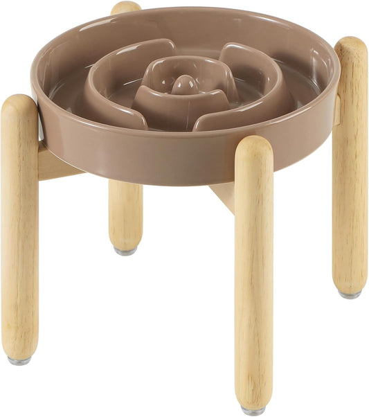 9.5inch Ceramic Raised Slow Feeder Dog Bowl Set, Elevated Bowl with Wooden Stand for Large Dog, Puzzle Slow Pet Food Dish, Preventing Choking(Brown Coffee, Single Bowl+ Stand)