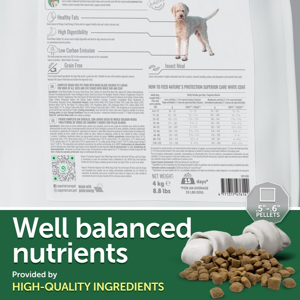 Nature's Protection Dry Dog Food for Puppy & Adult - High Protein, Grain Free Tear Stain Formula - Dog Kibble for Small, Medium & Large Breed Dogs with White Fur (Superior Care - Insect, 8.8 lb)