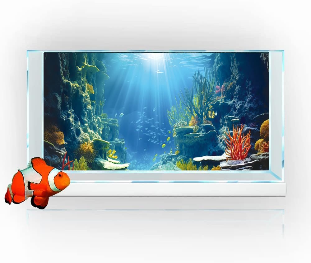 60X24IN Blue Sea Floor Aquarium Background, Natural Underwater World 3D Effect Fish Tank Decorations Background, Art Terrarium Background with 8 EVA Double-Sided Tape
