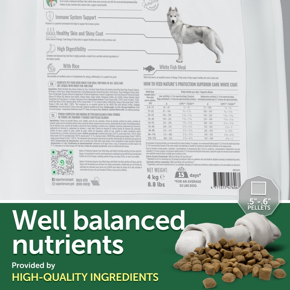 Nature's Protection Dry Dog Food - High Protein Tear Stain Diet - Dog Kibble for Adult & Puppy Dogs of Small, Medium & Large Breed with Light Fur (Superior Care - White Fish, 8.8 lb)