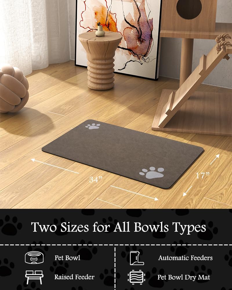 Pet Feeding Mat-Absorbent Dog Mat for Food and Water Bowl-No Stains Quick Dry Water Dispenser Mat-Dog Accessories Pet Supplies-Bowl for Messy Drinkers（Brown,17"x34"