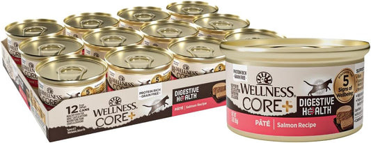 Wellness CORE+ Digestive Health Pate Adult Wet Cat Food, Natural, Protein-Rich, Grain Free, 3 Ounce, 12 Pack (Salmon)