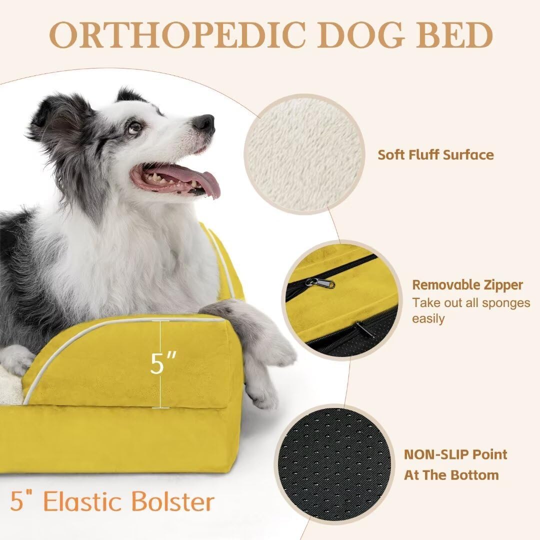 Comfort Expression Orthopedic Dog Beds, Jumbo Dog Bed for Extra Large Dogs, Waterproof Dogs Beds, PV Washable Pet Sofa Couch with Removable Cover & Non-Slip Bottom(Jumbo,Spicy Mustard)