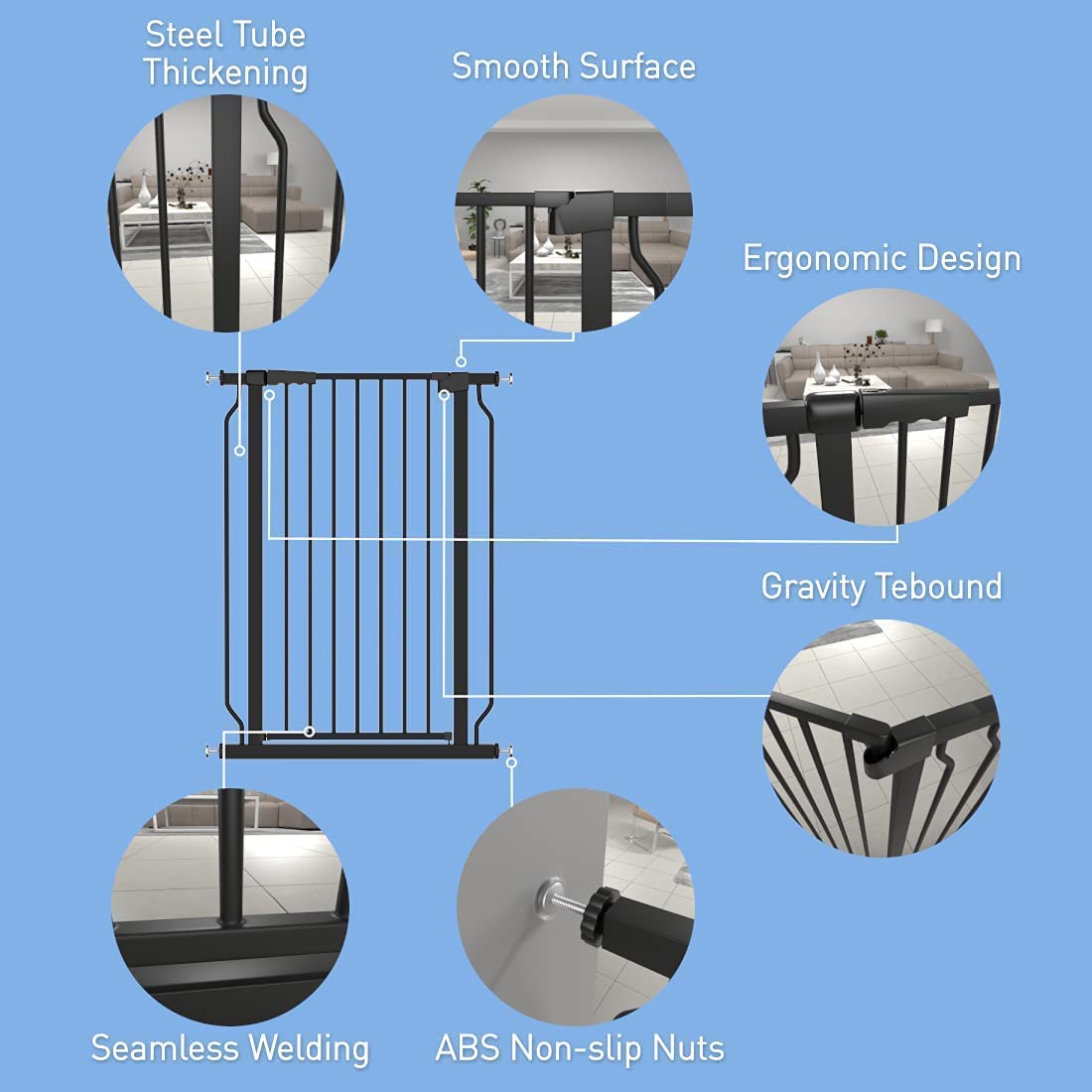 WAOWAO Extra Tall 40.55" Baby Gate 57.48-74.4" Wide Pressure Mounted Walk Through Swing Auto Close Safety Black Metal Toddler Child Dog Pet for Indoor Stairs,Doorways