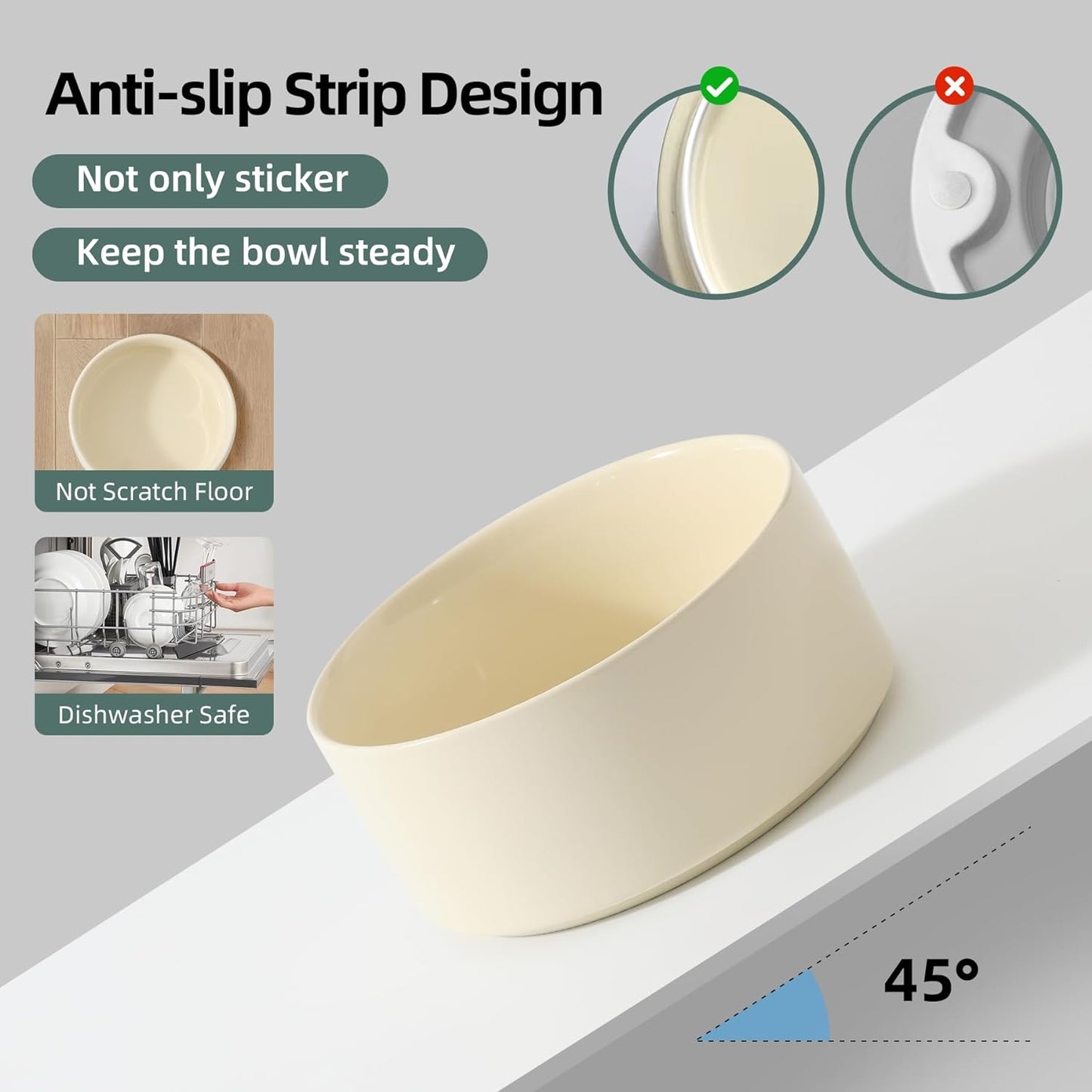 Ceramic 8.2inch Dog Bowl for Large-Breed Dogs, Anti-Slip and Weighted Pet Food and Water Bowl (Single Bowl - Beige)