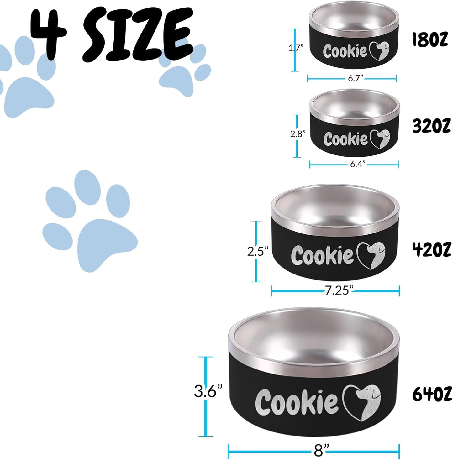 18OZ Personalized Dog Bowl Laser Engraved Custom Pet Name 18/32/42/64 oz No Slip Stainless Steel Insulated Bite-Resistant Food Water Dishes-Red