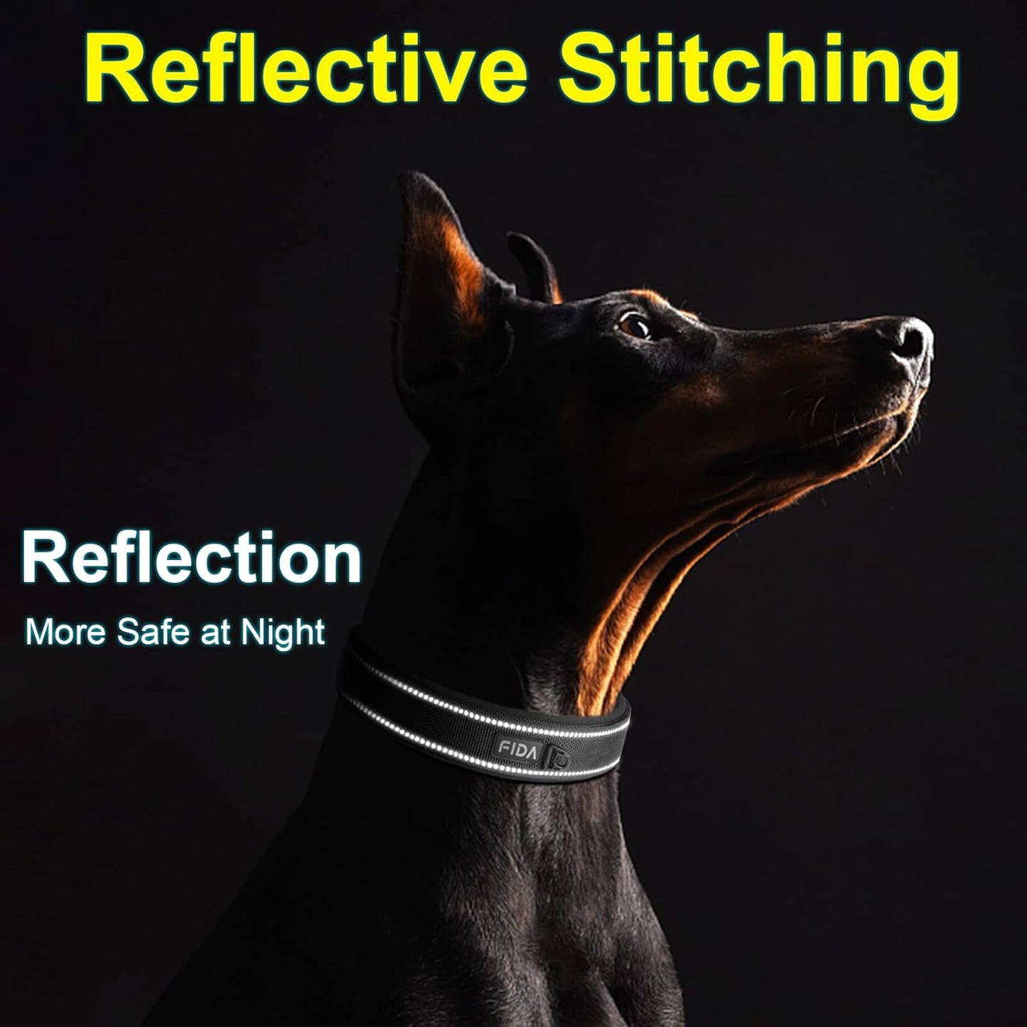 Fida Heavy Duty Dog Collar, Ultra Comfortable Soft Neoprene Padded, Adjustable Reflective Nylon Pet Collar with Durable Metal Belt Buckle for Medium Breeds (M, Black)