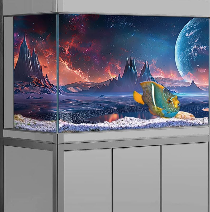 Scarlet Cosmic Aquarium Background,Cool Galaxy Parallel Space Themed Fish Tank Background, Tropical Desert Terrarium Background 48X24IN with 8 EVA Double-Sided Tape