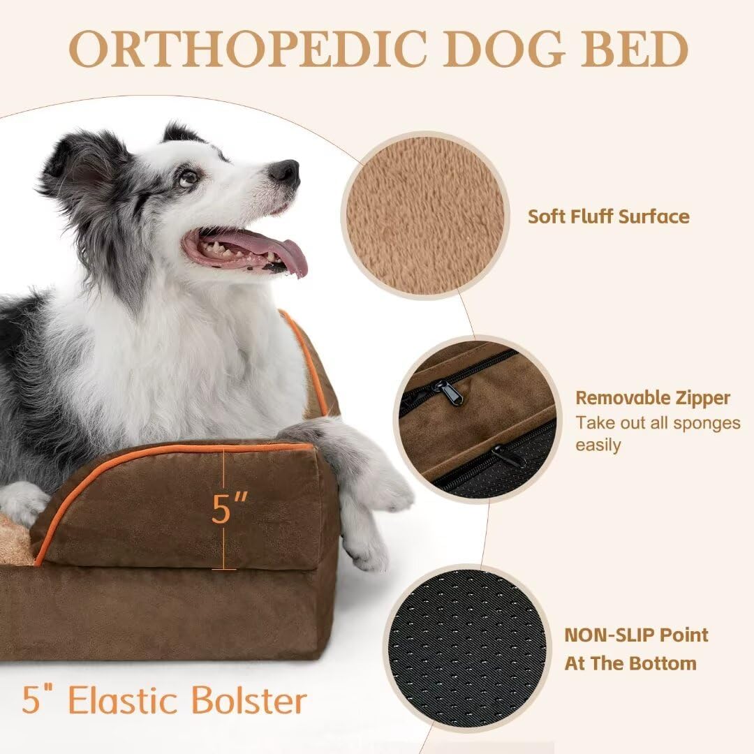 Comfort Expression Jumbo Dog Bed for Extra Large Dogs, Waterproof Orthopedic Dog Beds, PV Washable Sofa Bed, Large Breed Dogs Beds with Removable Cover & Non-Slip Bottom(Jumbo,Brown)