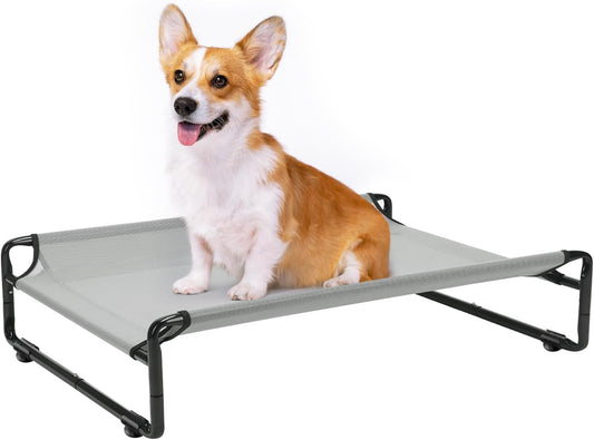 Veehoo Original Outdoor Elevated Dog Bed, Cooling Raised Dog Cot for Medium Dogs, Portable Standing Pet Hammock Platform with Washable Breathable Mesh, No-Slip Feet, Medium, Grey, CWC2201
