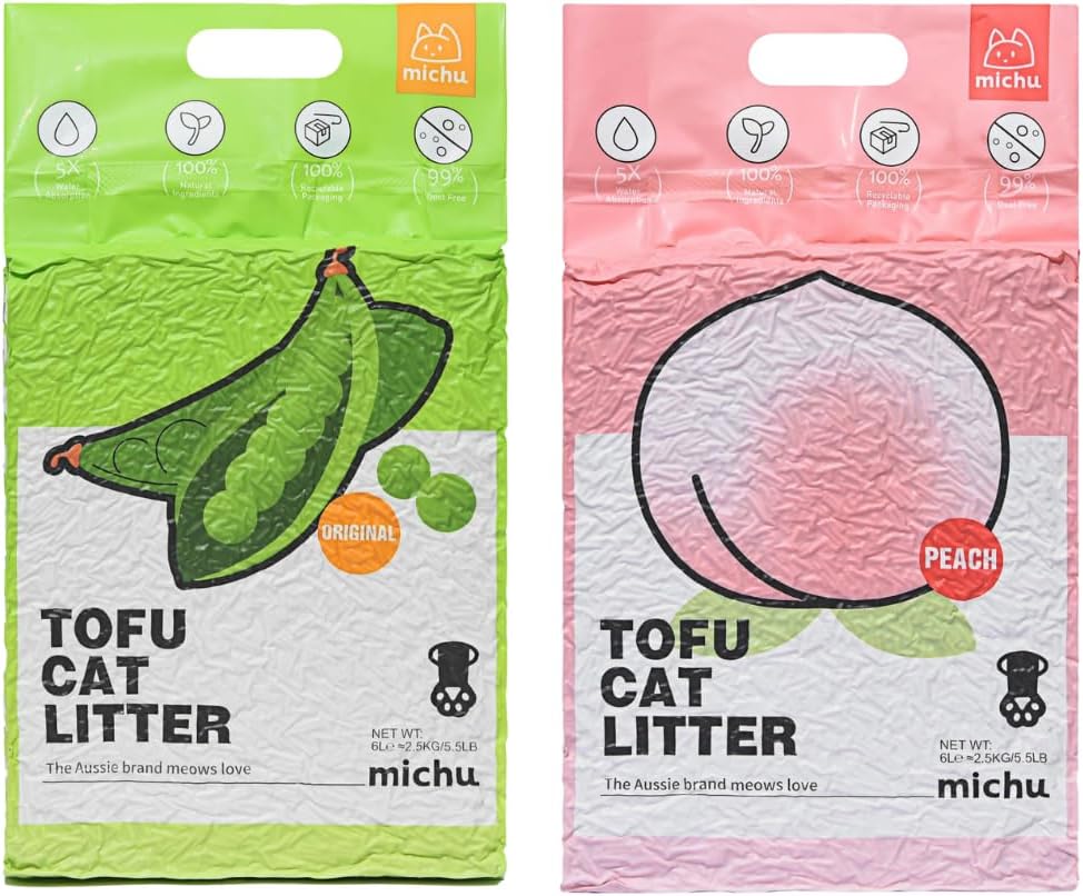 Tofu Cat Litter Natural Clumping Tofu Cat Litter, Fast Clumping and Easily Scoop-able 5.5lb/88oz 5 Scents - Original + Peach, 2 Pack