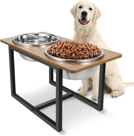 Elevated Dog Bowls for Large Dogs, Raised Dog Bowl Stand with Two X-Large Stainless Steel Bowls for Dogs, 3.5L Capacity, Rustic Walnut