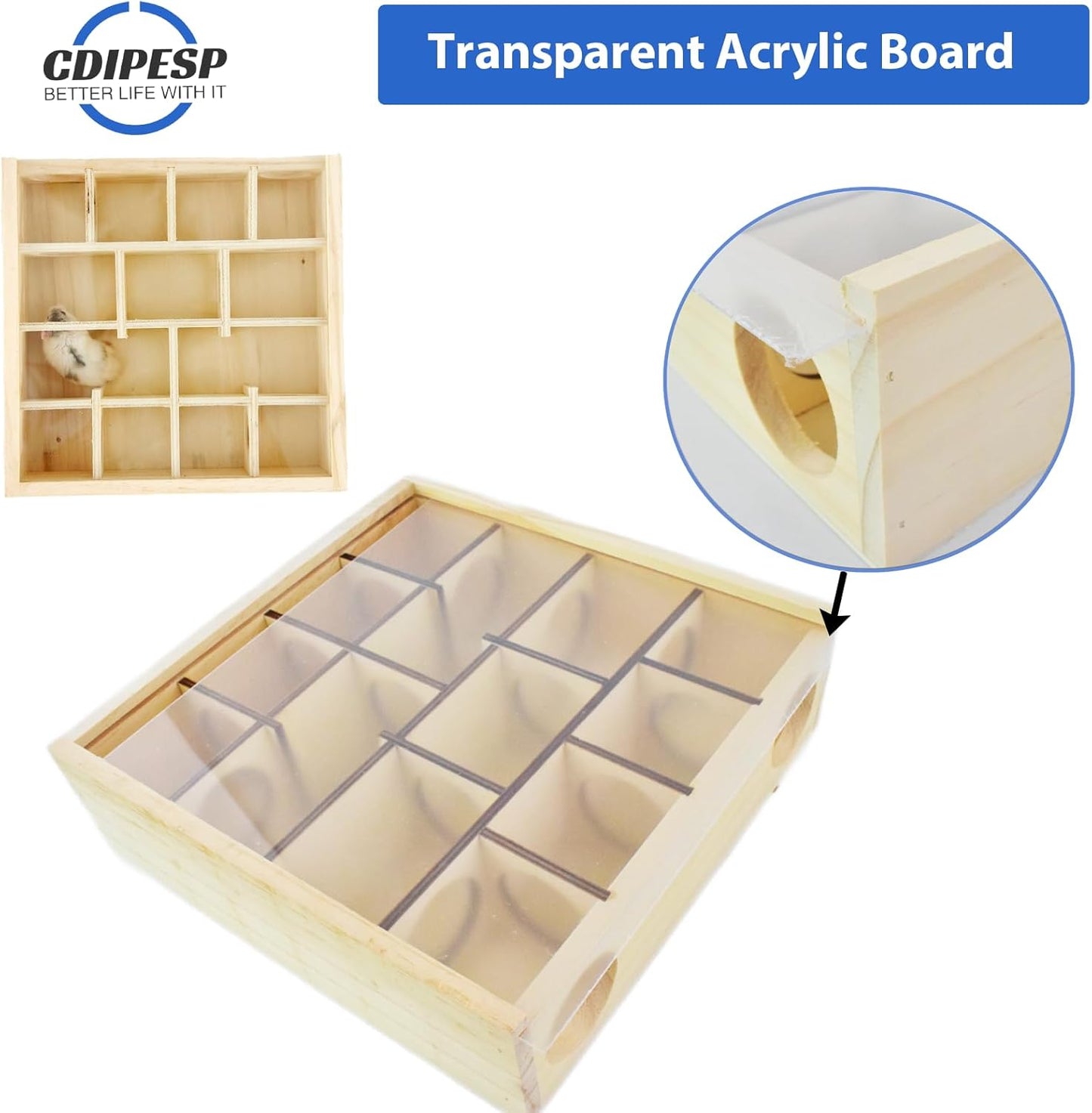 Wooden Hamster Maze with Transparent Acrylic Cover, Multi-Chamber Hamster Hideout House Hamster Toys Gerbil Maze for Dwarf Hamsters Gerbils Mice and Other Small Furry Animals