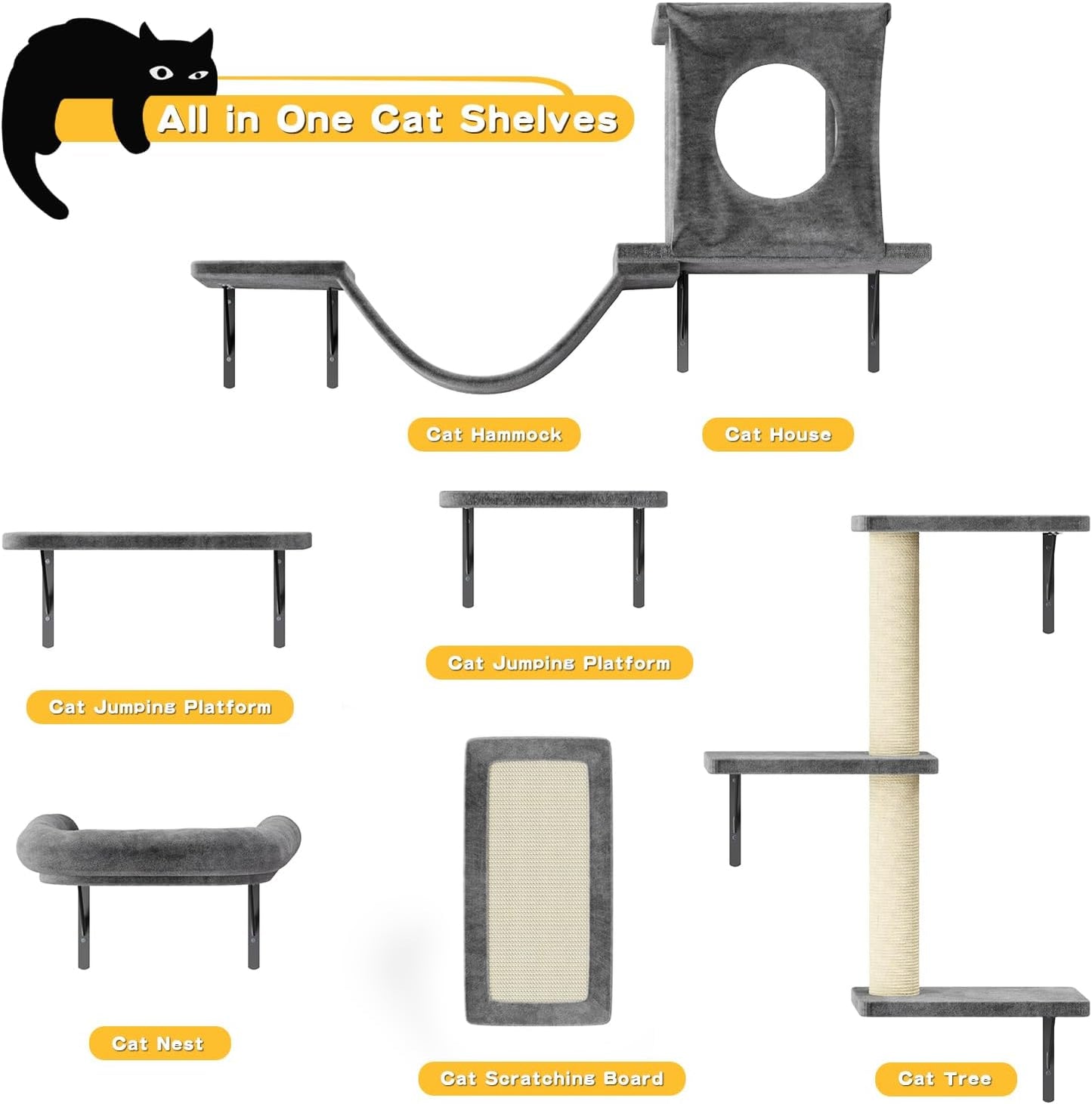 NUNU LAB Wall Mounted Cat Furniture, 6 Pcs Cat Wall Shelves with Condo House, Bridge, Steps, Scratcher, Hammock, Indoor Safe & Stable Furniture for Kittens Play, Dark Gray