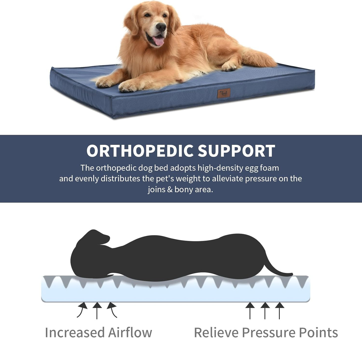 Outdoor Large Dog Bed, Waterproof Dog Bed for Large Dogs, Egg Crate Foam Pet Bed with Removable Washable Oxford Cooling Cover, Navy
