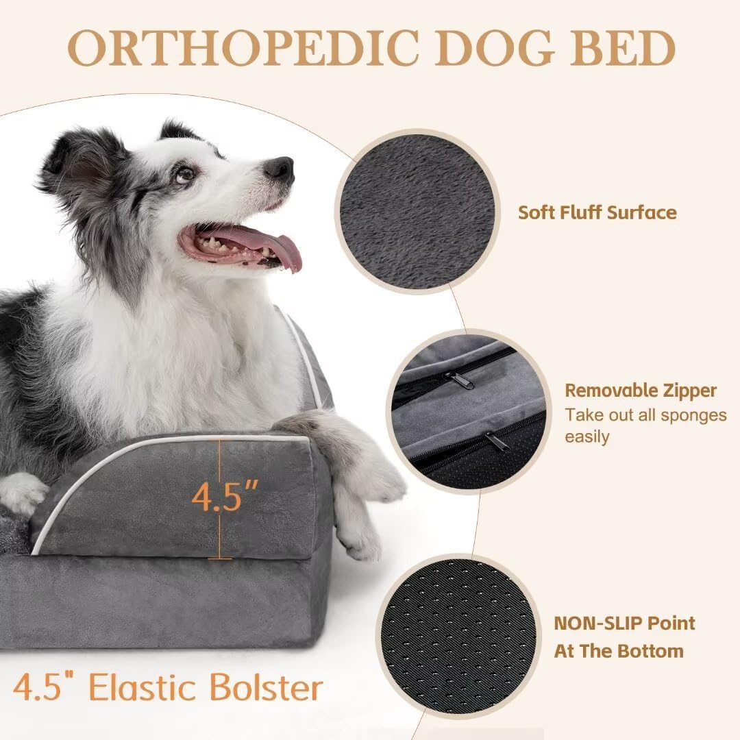 Comfort Expression Cooling Dog Bed for Large Dogs, Memory Foam Orthopedic Dogs Beds, Waterproof Washable Dog Beds with Removable Cover, Pet Bed Sofa with Bolster(Large,Leaden Grey)