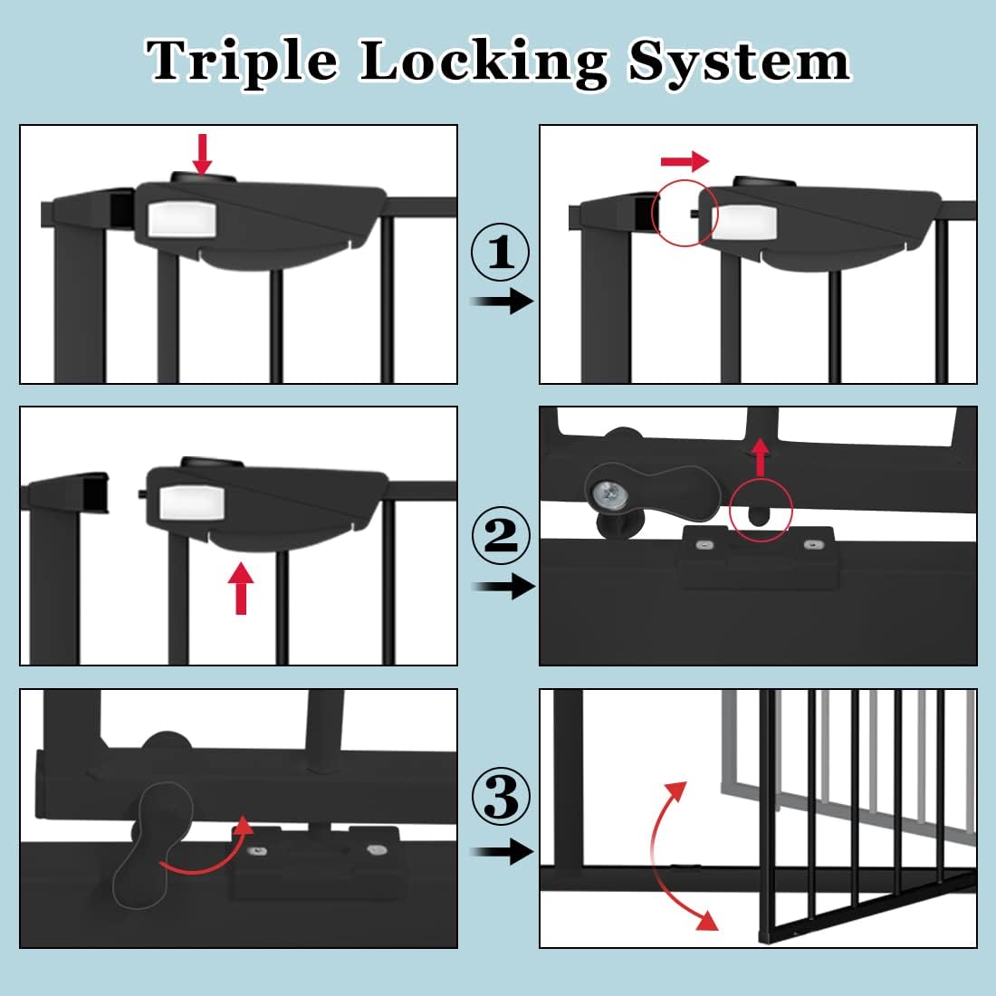 WAOWAO Triple Lock Baby Gate Extra Wide 72.04-76.77" Pressure Mounted Walk Through Swing Auto Close Safety Black Metal Dog Pet Puppy Cat for Stairs,Doorways,Kitchen