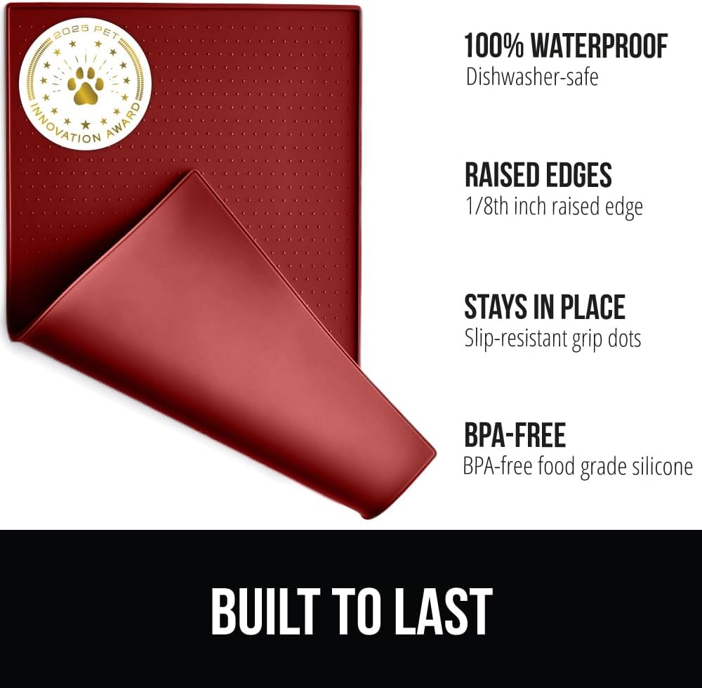 GORILLA GRIP 100% Waterproof Raised Edge BPA Free Silicone Pet Feeding Mat, Dog Cat Food Mats Contain Spills Protects Floors, Placemats for Cats and Dogs Water Bowl, Pets Accessories 16x10, Red
