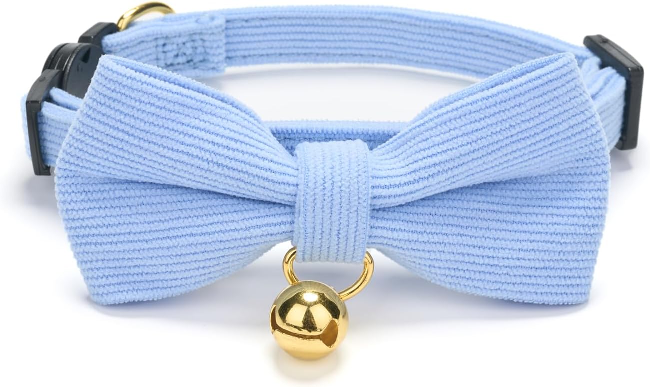 2 Pack Soft Corduroy Cat Collars with Bow Tie & Bell, Adjustable Breakaway Cotton Kitty Bowtie Collar for Girl Boy Kitten (Pink & Blue)