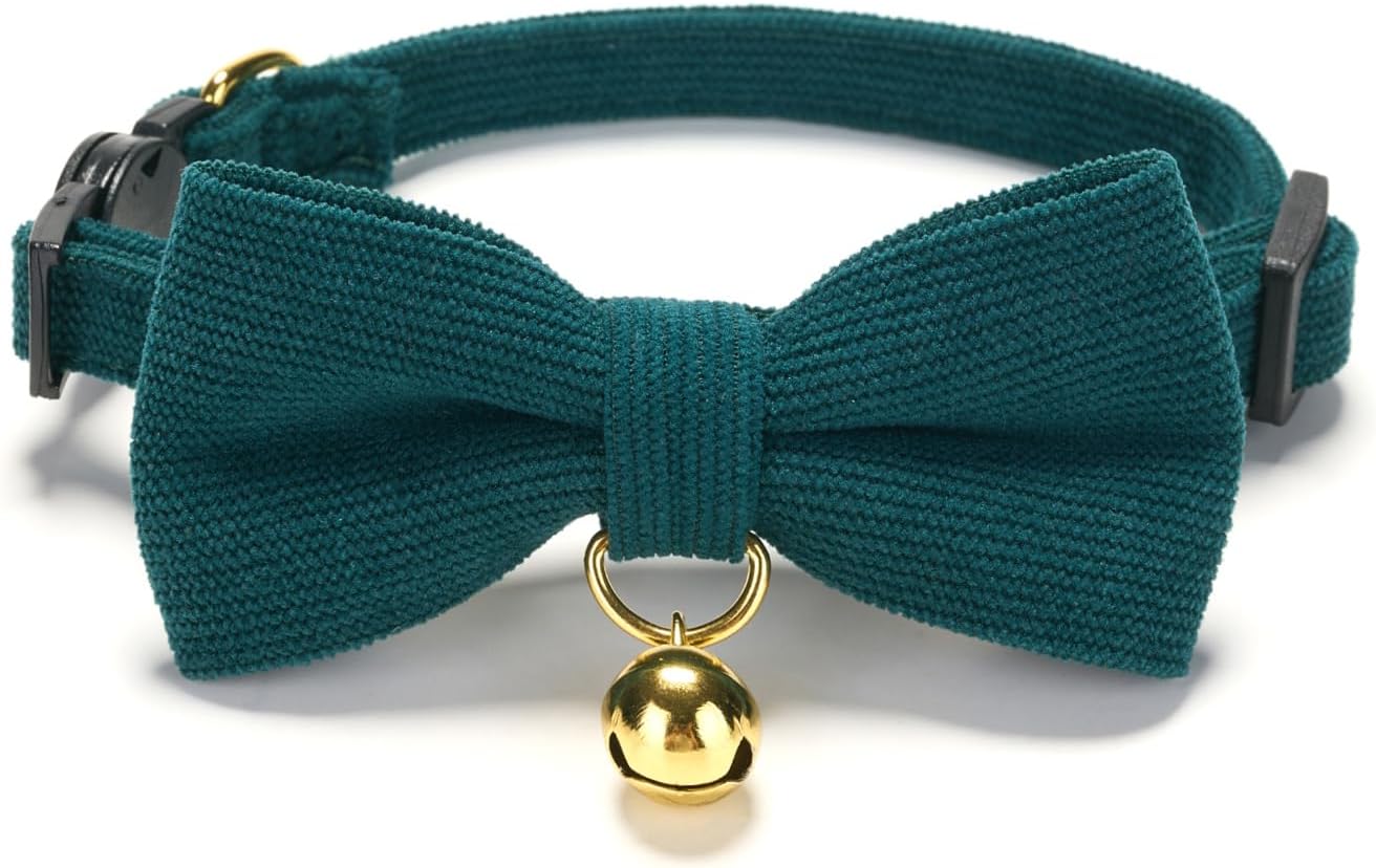 2 Pack Soft Corduroy Christmas Cat Collars with Bow Tie & Bell, Adjustable Breakaway Cotton Kitty Bowtie Collar for Girl Boy Kitten (Red & Green)